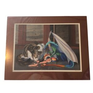 Sarah Clemens Signed Print Magnus & Loki Tuna Roast Cat Dragon Art 39/250 2005